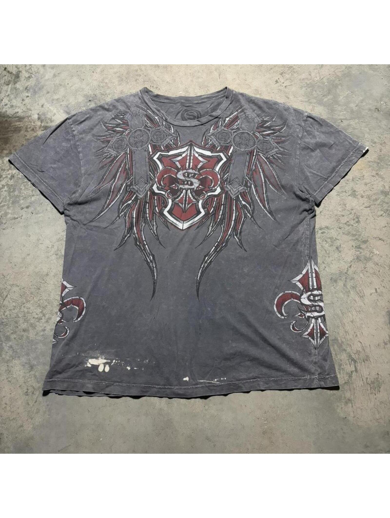 Faded Gray Y2k Tribal Gothic Fleur De Lis All Over Graphic T Shirt 2xl Emo